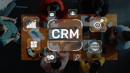 A group of diverse professionals collaborates in a modern office setting, focusing on customer relationship management strategies, surrounded by relevant icons. Raster