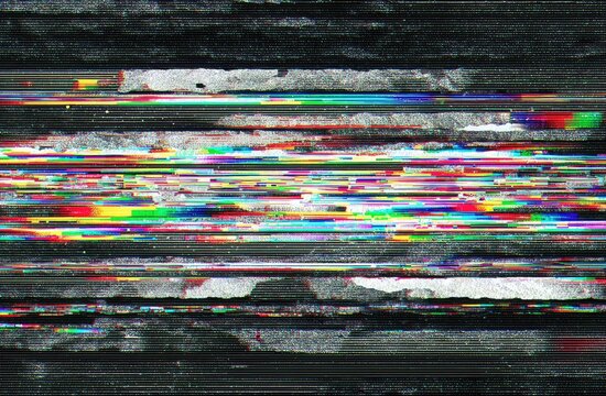 Abstracted horizontal composition featuring rough, dark bands interspersed with digital color glitches