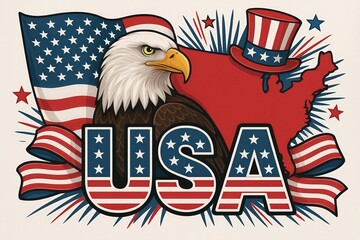 Patriotic USA Illustration with Bald Eagle, American Flag, United States Map and Uncle Sam Hat in Red White Blue Colors Symbolizing Freedom and Democracy Generative AI
