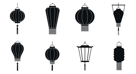 Collection of diverse black and white hanging lanterns in a simple design © faysal sardar
