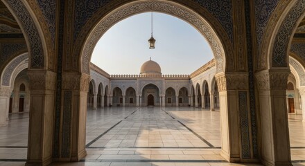Obraz premium Courtyard view under ornate arches leading to a domed building