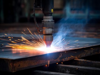 Industrial concept, Laser cutting metal with sparks in industrial manufacturing machine.