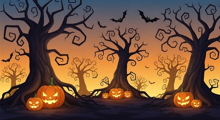 Spooky Halloween Scene with Pumpkins, Bats, and Trees
