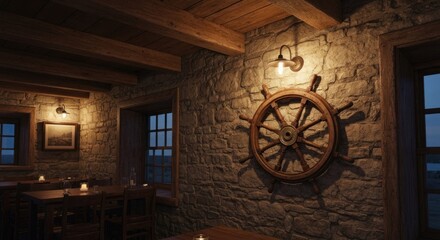 Obraz premium Cozy restaurant interior with stone walls, wooden wheel, and soft lighting