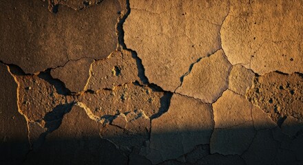 Cracked surface, sunlit and textured, reveals underlying layers