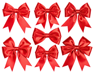 Nine vibrant red satin bows, various styles, set against black