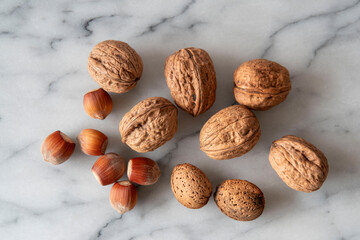 Close-up of almonds, walnuts and hazelnuts with their shells on white marble