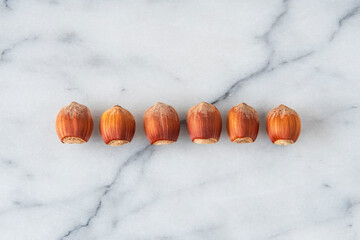 Close-up of hazelnuts with their shells lined up on white marble