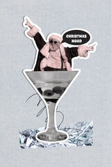 3d image art pop trend collage of excited old man santa claus peek martini glass toast christmas mood bubble celebration weekend