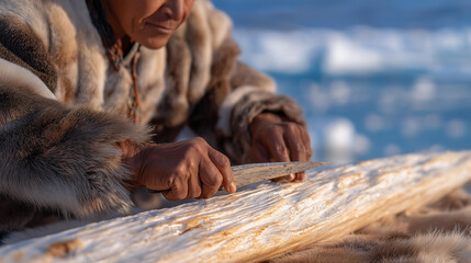 An Inuit elder, their hands wrinkled, carves a walrus tusk by a seal-skin tent, the tusk’s surface smooth but pitted. A bone knife, its edge sharp, scrapes the tusk, creating curls of ivory. A fur