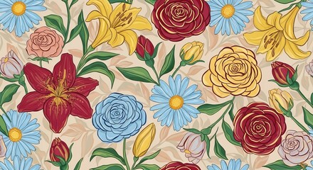 Vibrant floral pattern with blooming lilies, roses, and daisies in cheerful colors