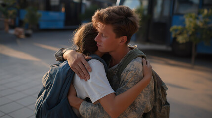 A parent, their hands gentle, embraces a teenager at a bus terminal, their hug tight and lingering. A backpack, its straps frayed, slumps on the tiled floor, its grout worn. A bus, its metal