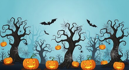 Spooky Halloween Scene with Pumpkins, Bats, and Bare Trees on Blue Background