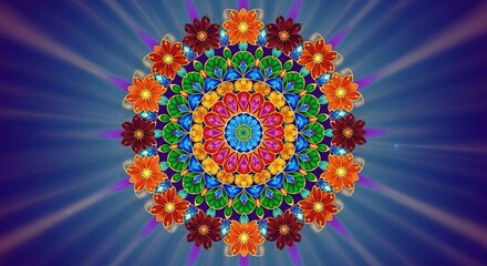 Vibrant, colorful floral mandala pattern radiating energy on a glowing blue background.