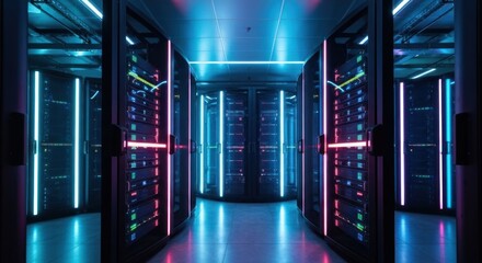 Data center aisle view; servers glow with neon blue/pink light