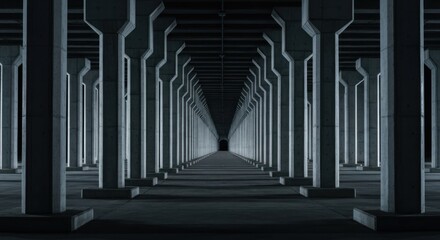 Naklejka premium Diminishing perspective under concrete bridge, repetitive supports receding deeply