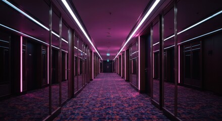Dimly lit hallway with pink neon lighting, mirrors, and patterned carpet