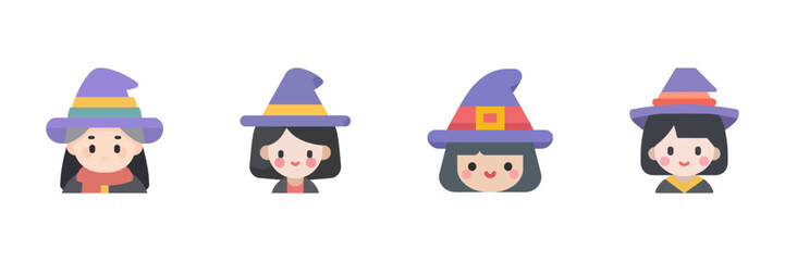 Cute Witch Girls Wearing Colorful Hats Icon Set. Happy Characters With Blush Cheeks For Halloween. Isolated Vector Illustration