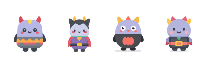 Fantasy Monster Kids In Playful Outfits Icon Set. Adorable Cartoon Demon Figures. Isolated Vector Illustration
