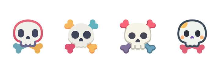Colorful Cartoon Skull And Crossbones Halloween Icon Set, Spooky Skeleton Heads With Bright Bones Isolated On Transparent Background