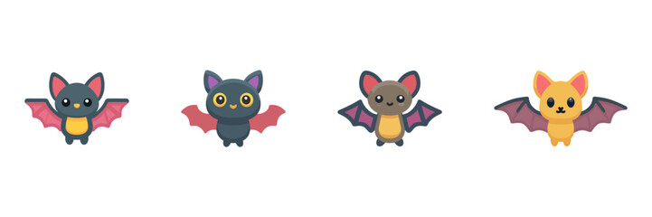 Cartoon Bat Halloween Icon Set, Cute Flying Vampire Bats With Wings And Big Eyes Isolated On Transparent Background