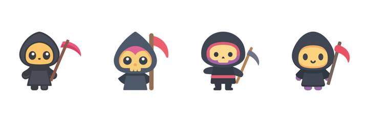 Grim Reaper Halloween Icon Set, Cartoon Death Figures With Scythes And Dark Robes Isolated On Transparent Background
