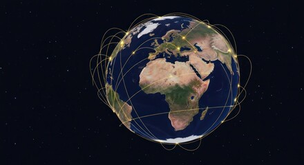 Earth with glowing network lines spanning continents on a dark background