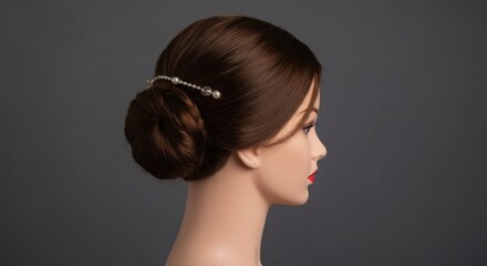 Elegant brown hair in a low bun with pearl hair clip on mannequin