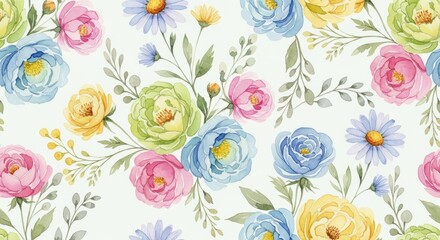 Soft watercolor floral pattern with delicate pastel roses and daisies