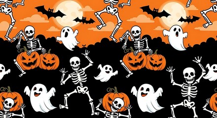 Spooky Halloween seamless pattern with dancing skeletons, ghosts, bats, and jack-o'-lanterns under a full moon.