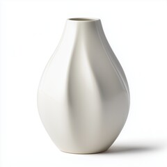 Contemporary ceramic vase with organic curved shape in matte white glaze on white background