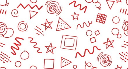 Playful red hand-drawn geometric shapes and doodles scattered across a clean white background.