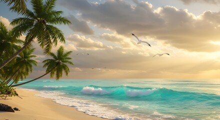 Fototapeta premium Tranquil Coastal Scene Featuring Soft Sand, Seagulls, and Golden Sky Glow