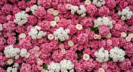 Fototapeta premium Flower wall of pink and white blooms, dense and lush, in a full frame shot