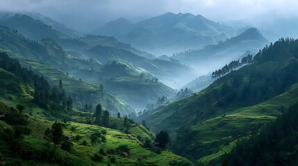 Obraz premium Misty mountain valley with lush green slopes and scattered trees creating a serene and breathtaking natural landscape