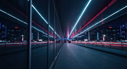Obraz premium Futuristic corridor with city reflection, neon lights & motion blur