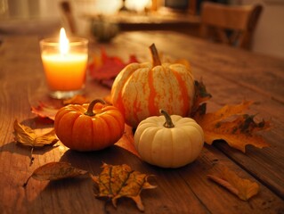 Pumpkins and candle with autumn leaves on wooden table