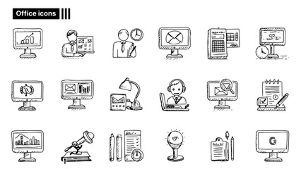 Hand drawn office work icons set – business, productivity and technology doodles