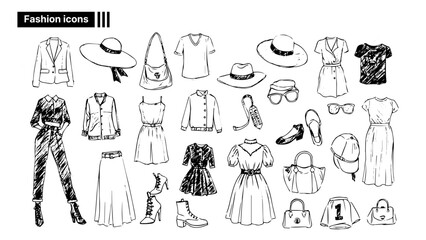 Hand drawn fashion icons set – clothing, accessories and shoes sketch style