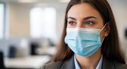 Young caucasian female in office wearing protective face mask during work
