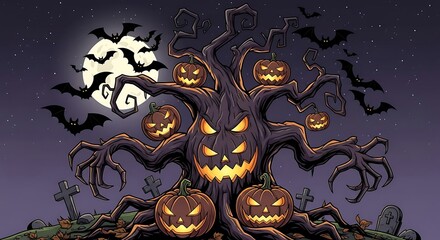 Spooky Halloween Tree with Jack-o'-Lanterns, Bats, and Full Moon