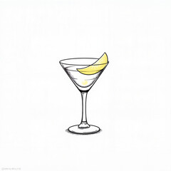 Minimalistic cocktail glass with lemon slice on white background, elegance