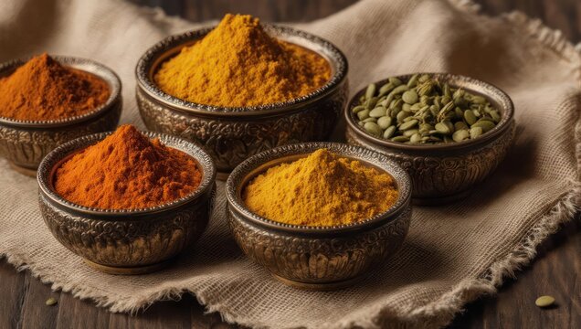 Assortment of Spices in Bowls on a Rustic Cloth.