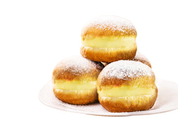 dream, typical Brazilian donut with sugar and yellow cream, sweet bakery bread, on isolated white background