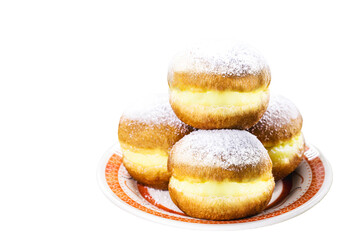 dream, typical Brazilian donut with sugar and yellow cream, sweet bakery bread, on isolated white background