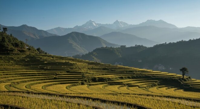 Golden rice terraces cascade down a hillside toward snowy mountain peaks