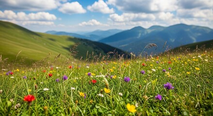 Obraz premium Vibrant wildflowers bloom across a lush green mountain meadow under a bright blue sky.