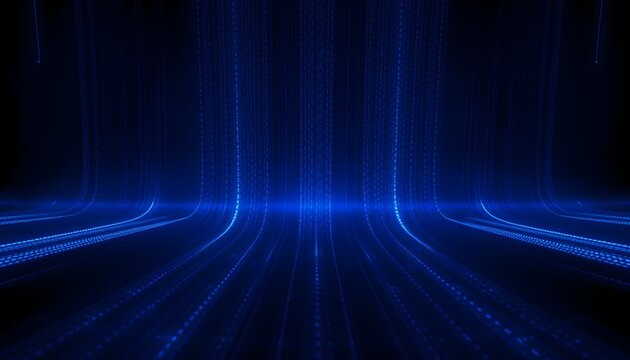 Abstract blue light streaks converge towards a central point, creating a sense of depth and futuristic movement.