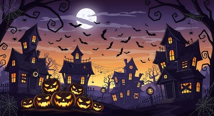 Spooky Halloween village with haunted houses, glowing pumpkins, and bats flying under a full moon.