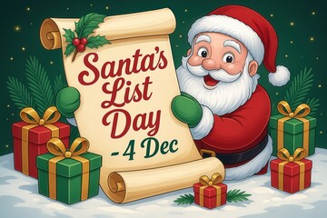 Santa Claus Holding Christmas List for Santa’s List Day with Holiday Decorations, Festive Background and Winter Magic Illustration Generative AI